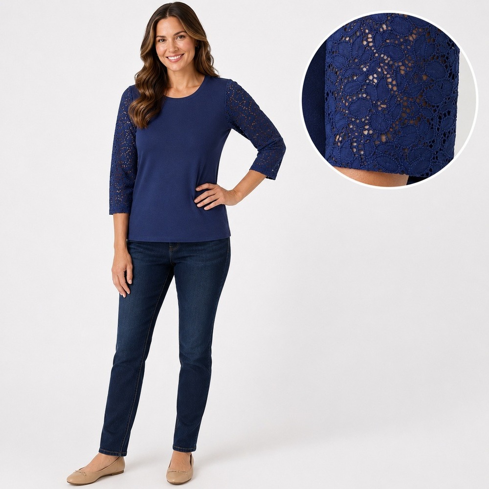 Denim & Co Blue Floral Lace Sleeve Knit Top 3/4‎ Sleeve Crew Neck Womens Small